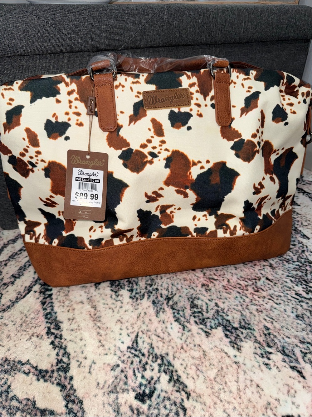 Wrangler Cowhide-Print Weekender Tote in Brown, Black & Cream